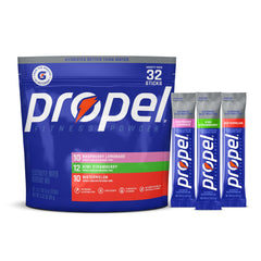 Propel frontal del paquete variedad 3 sabores mostrando sobres y beneficios