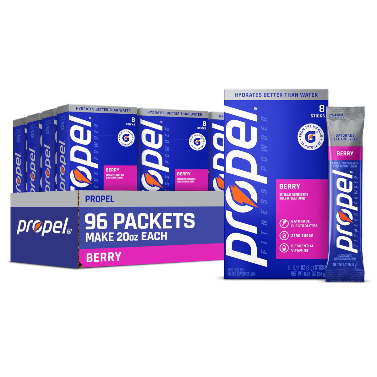 Propel frontal presentación 96 sobres mostrando el paquete y beneficios