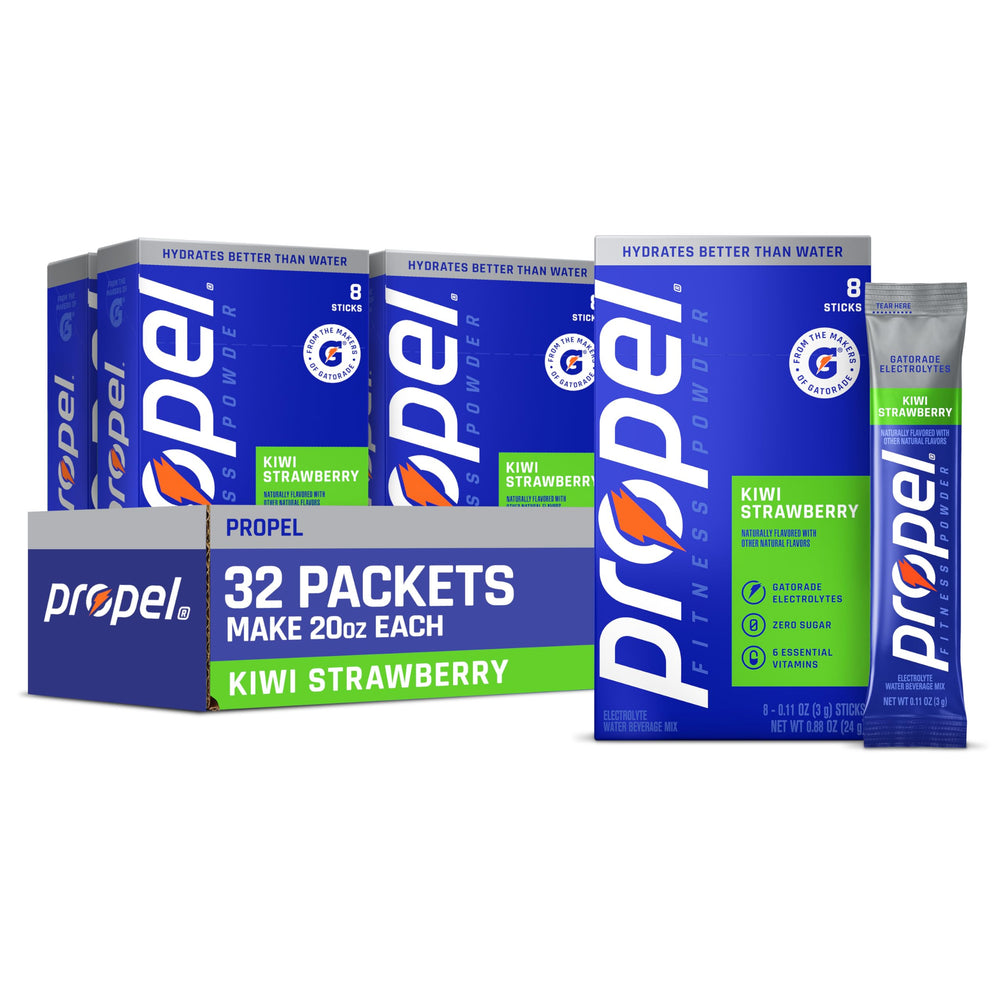 Propel envase frontal mostrando diseño de sabor kiwi fresa y beneficios hidratantes