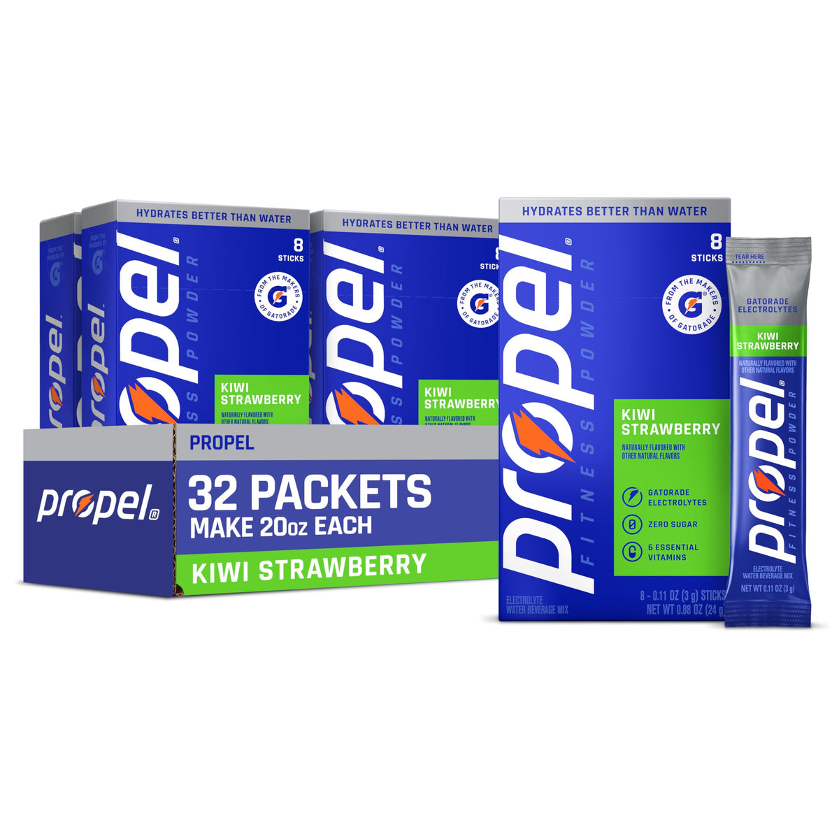 Propel envase frontal mostrando diseño de sabor kiwi fresa y beneficios hidratantes