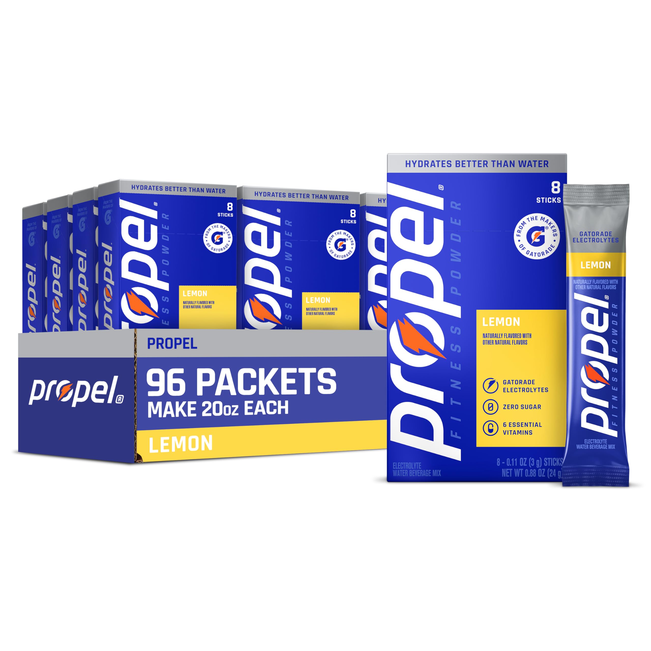 Propel envase frontal limón mostrando 96 porciones y ventajas de hidratación