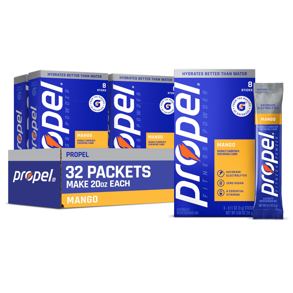 Propel empaque frontal mango con 32 sobres, hidratación sin azúcar