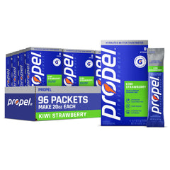 Propel envase frontal kiwi fresa mostrando 96 sobres y beneficios de hidratación