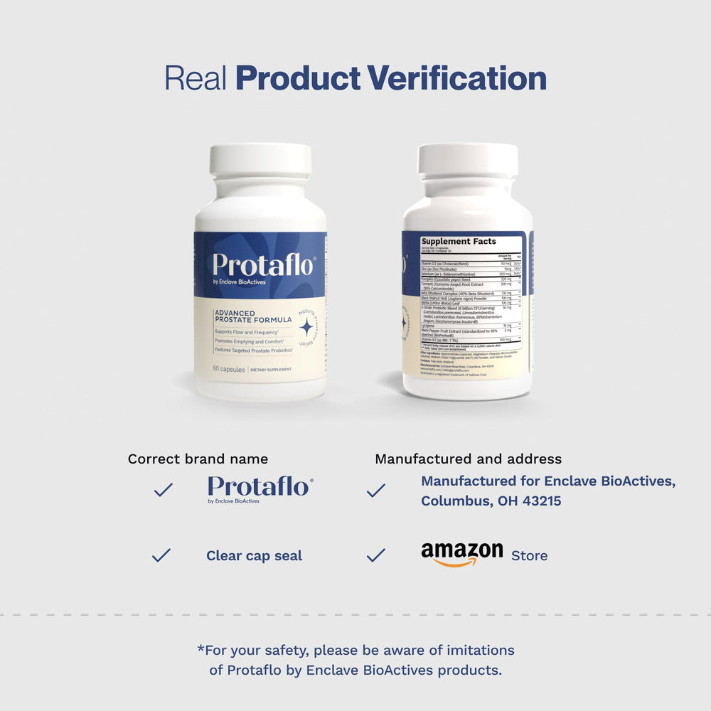 Protaflo junto a regla para comparar tamaño real del frasco y las cápsulas