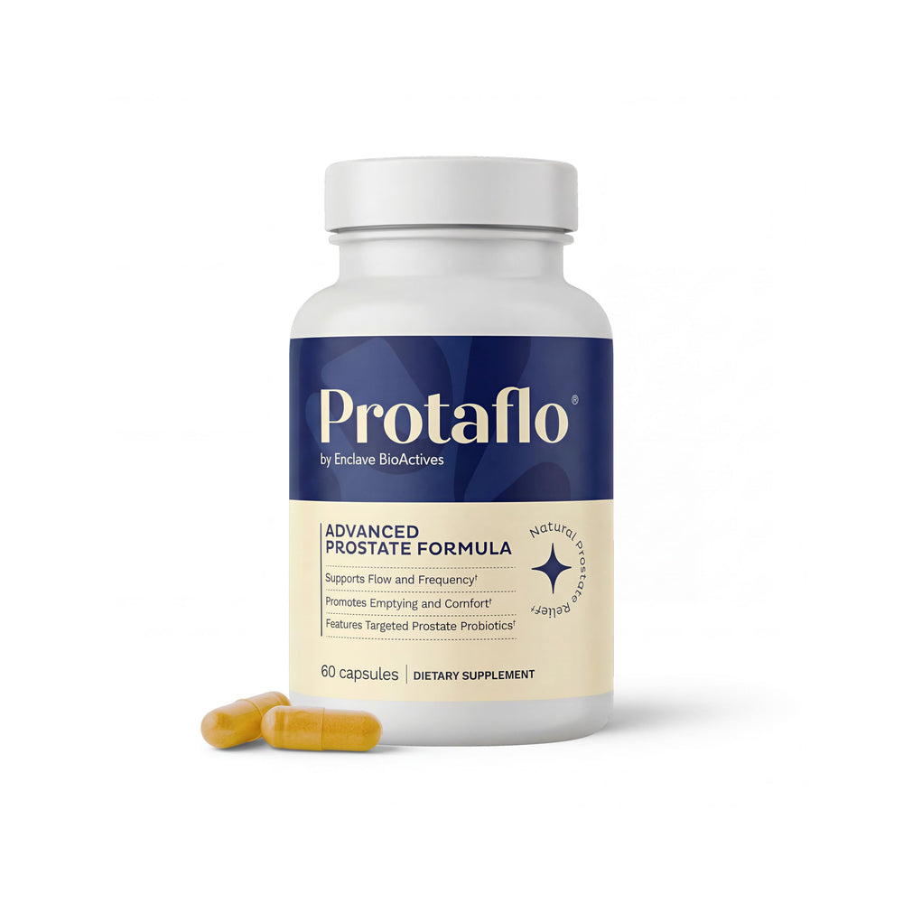 Protaflo frasco delantero mostrando etiqueta clara y beneficio de apoyo prostático