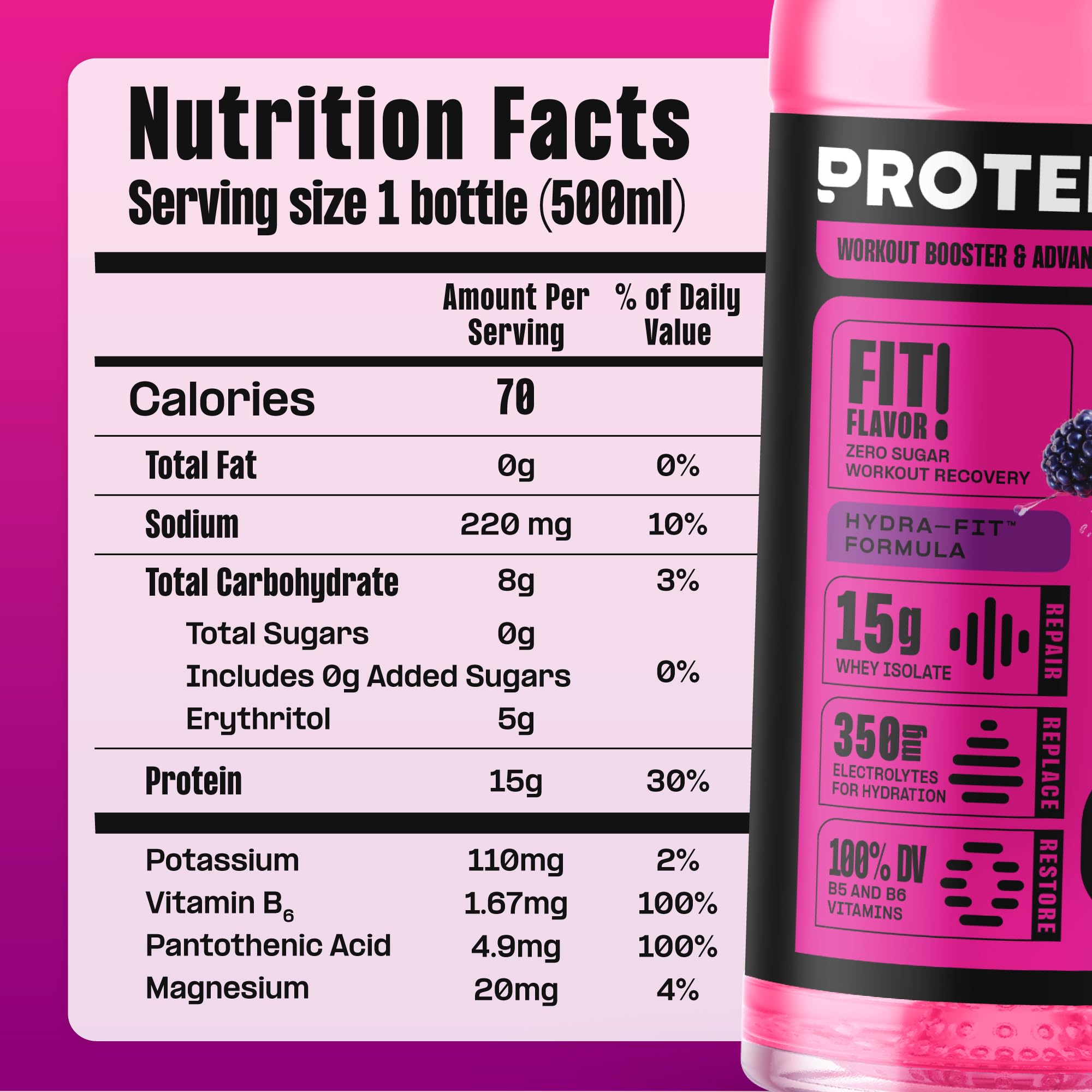Protein2o en entorno fitness sobre mesa con frutas enfatizando sabor refrescante