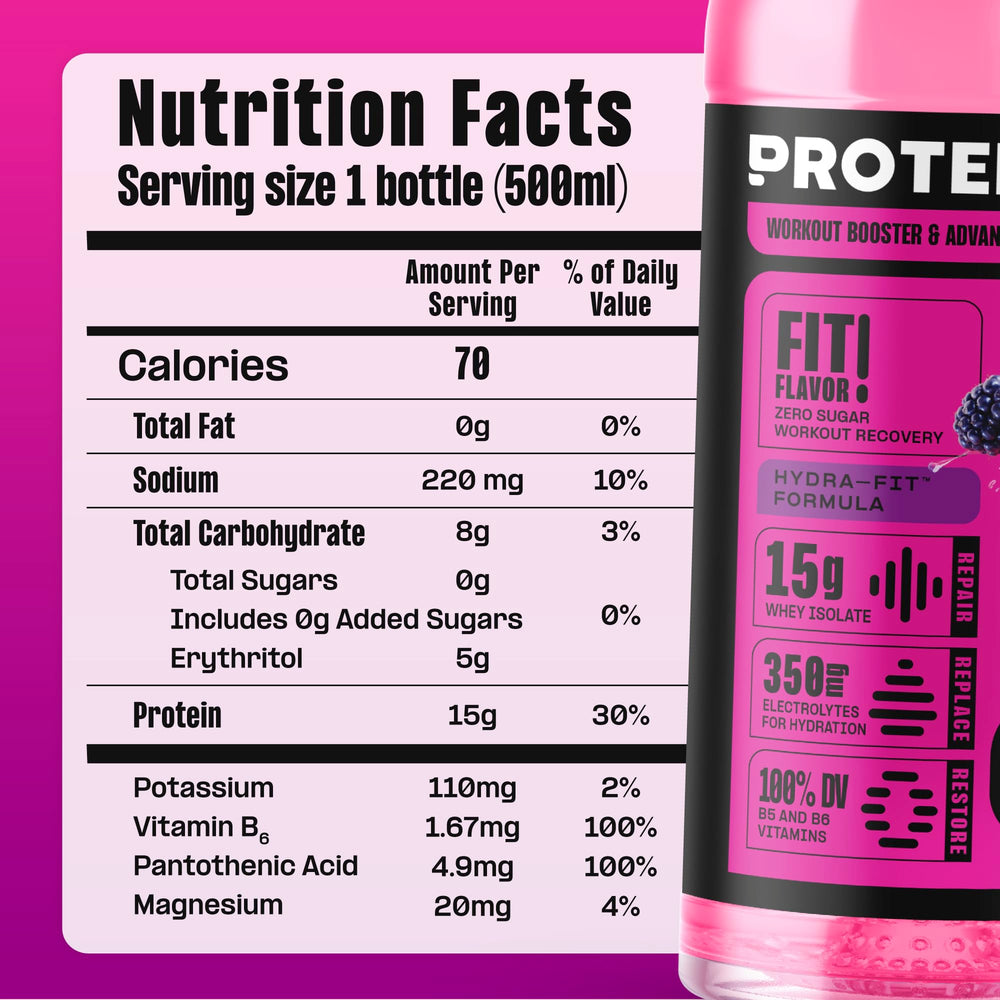 Protein2o en entorno fitness sobre mesa con frutas enfatizando sabor refrescante