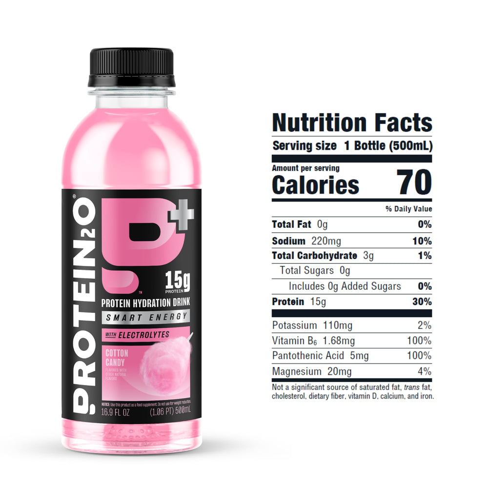 Protein2o etiqueta con ingredientes resaltando vitaminas y electrólitos