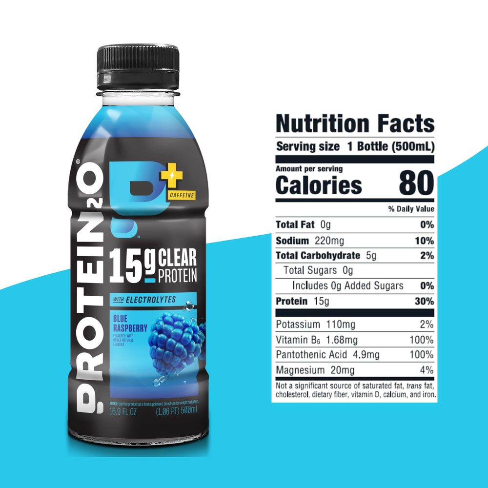 Protein2o etiqueta con ingredientes mostrando proteína, electrolitos y cafeína