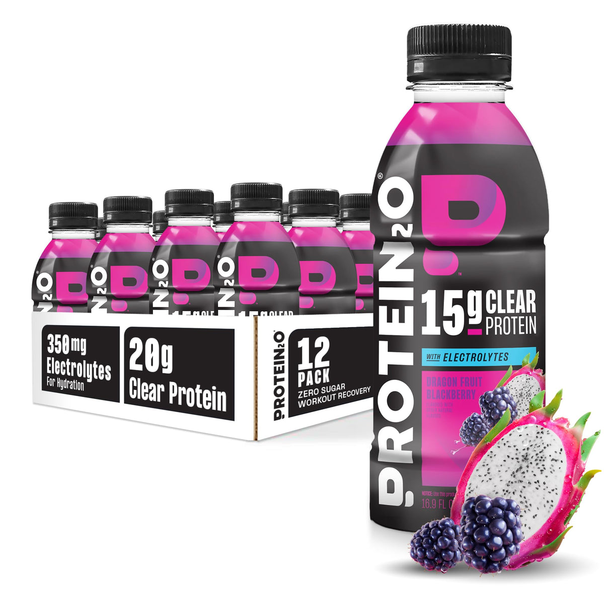 Protein2o botella frontal Dragon Fruit Blackberry mostrando etiqueta y beneficios