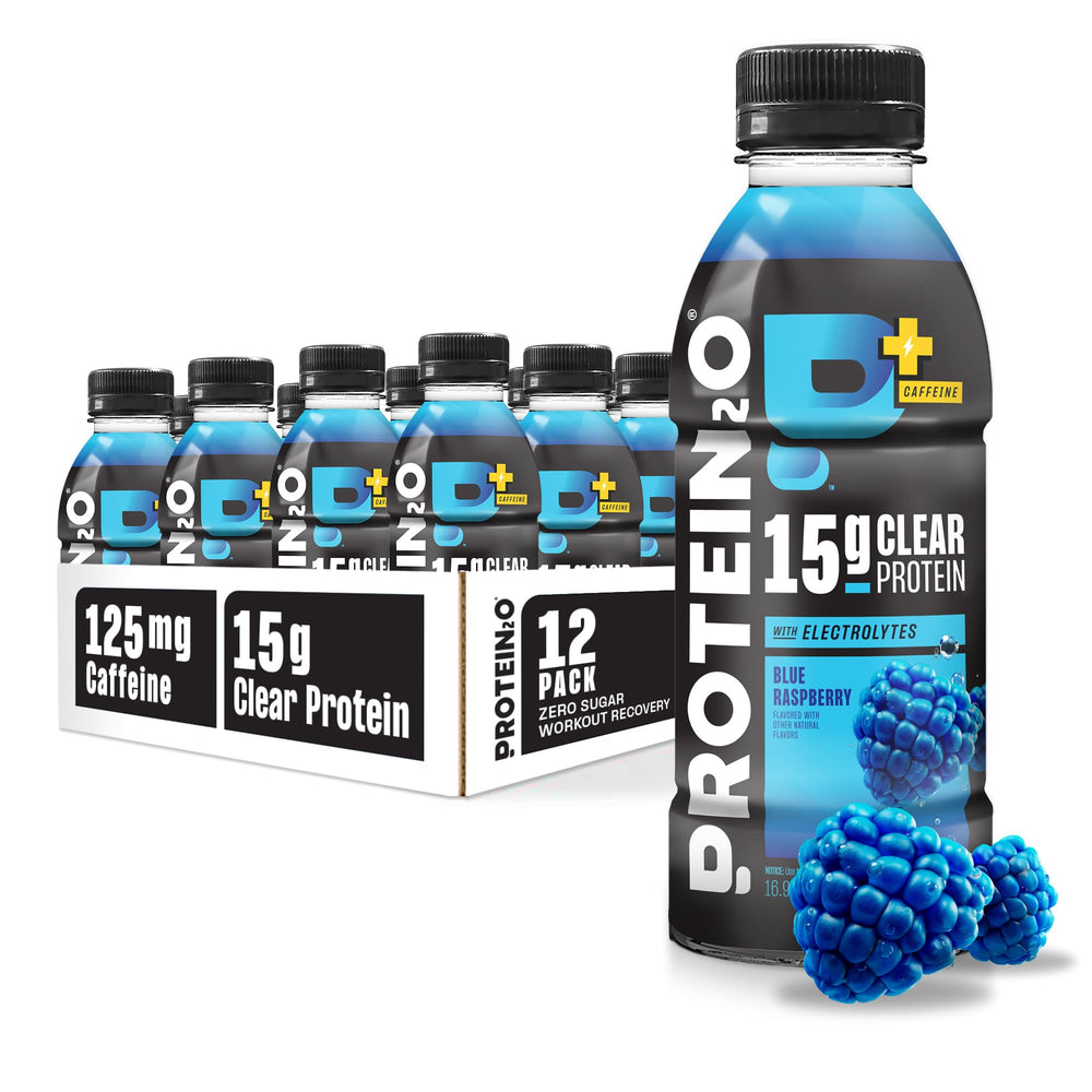 Protein2o botella frontal azul raspberry mostrando diseño y beneficio de proteína lista