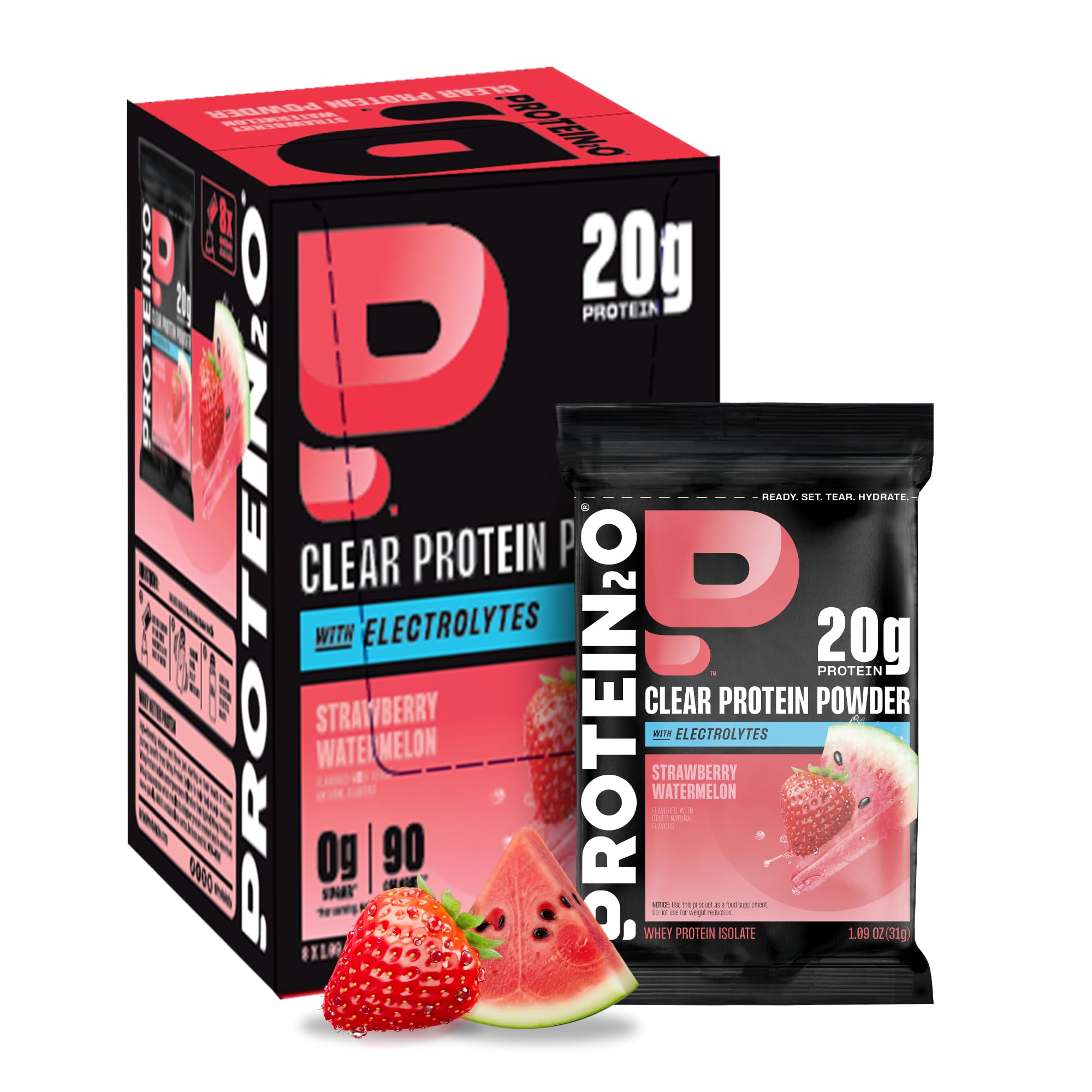 Protein2o frente del empaque mostrando sabor fresa sandía y beneficios