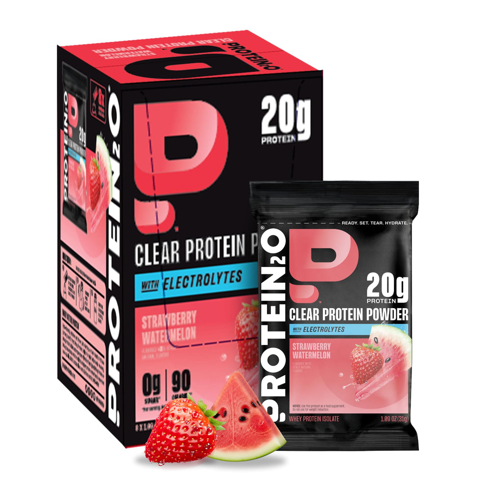 Protein2o frente del empaque mostrando sabor fresa sandía y beneficios