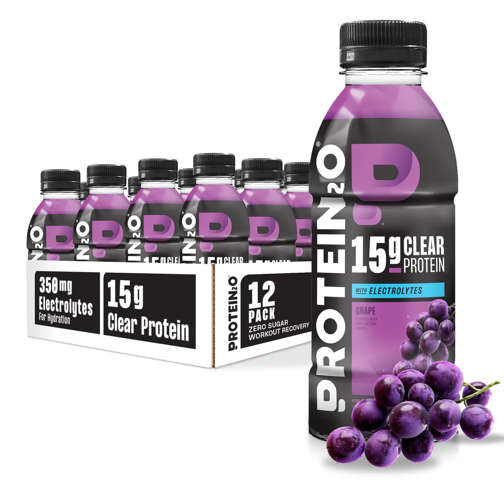 Protein2o botella frontal Grape mostrando etiqueta y beneficio refrescante