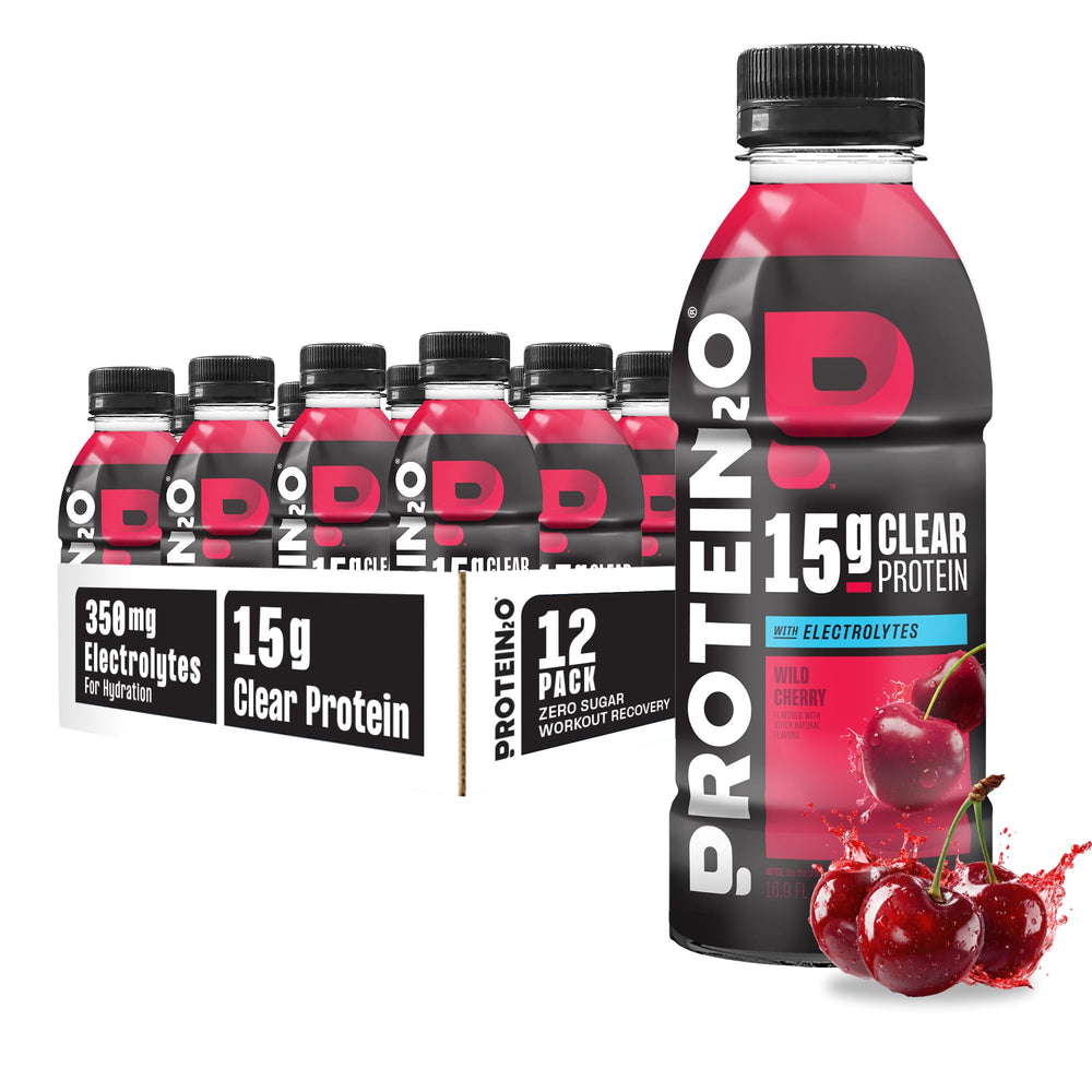 Protein2o envase frontal Wild Cherry mostrando diseño y beneficios