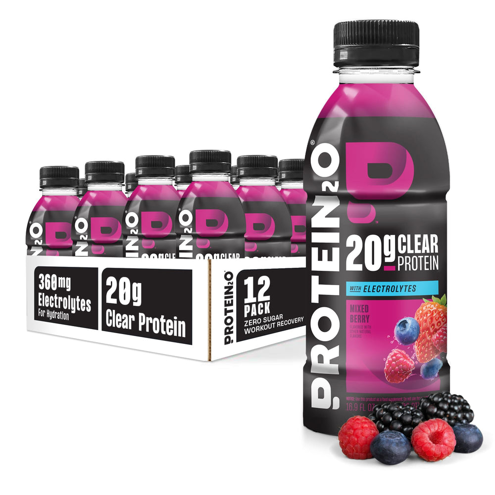 Protein2o frontal botella Mixed Berry mostrando diseño y beneficio refrescante