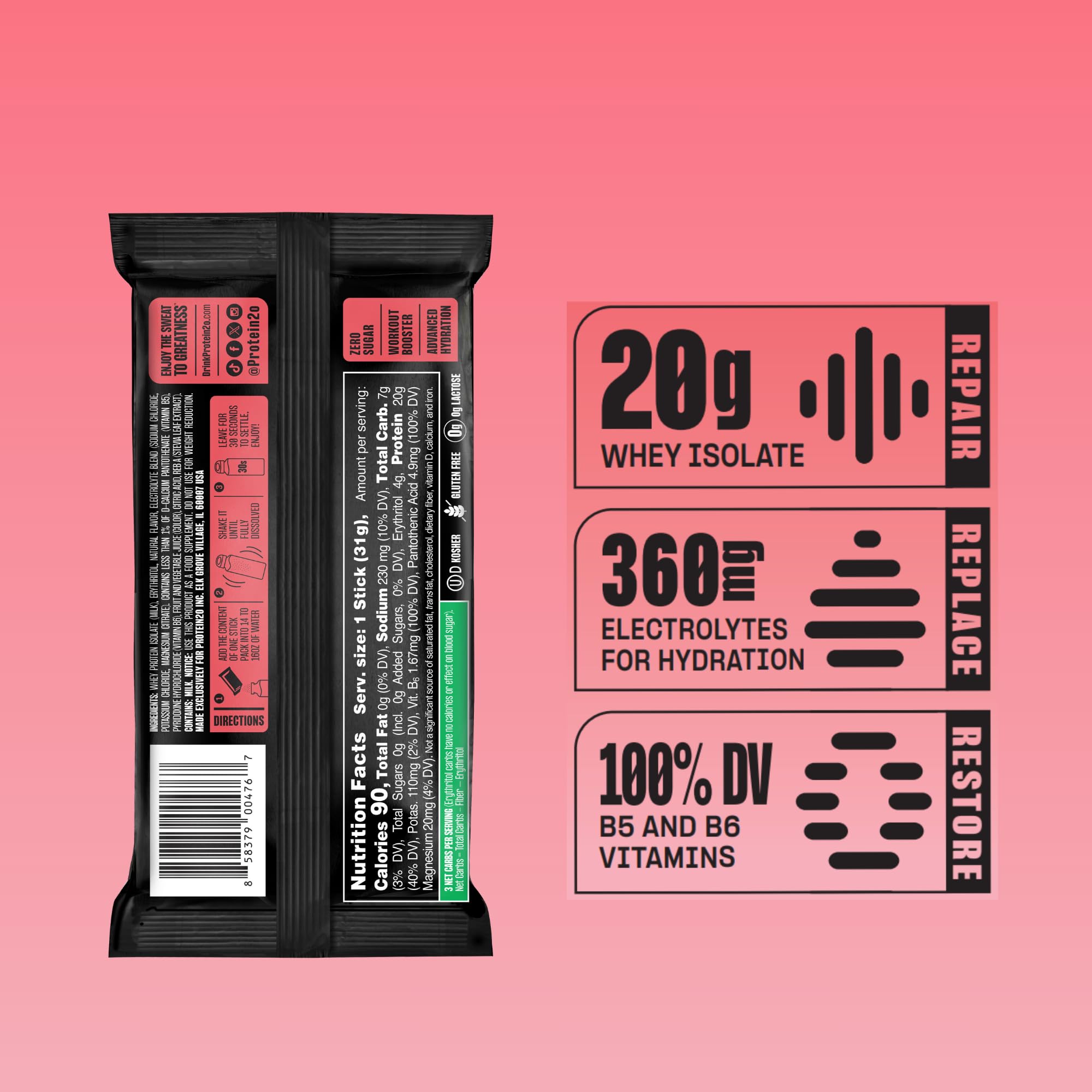Protein2o sobre abierto con polvo fino listo para mezclar y llevar