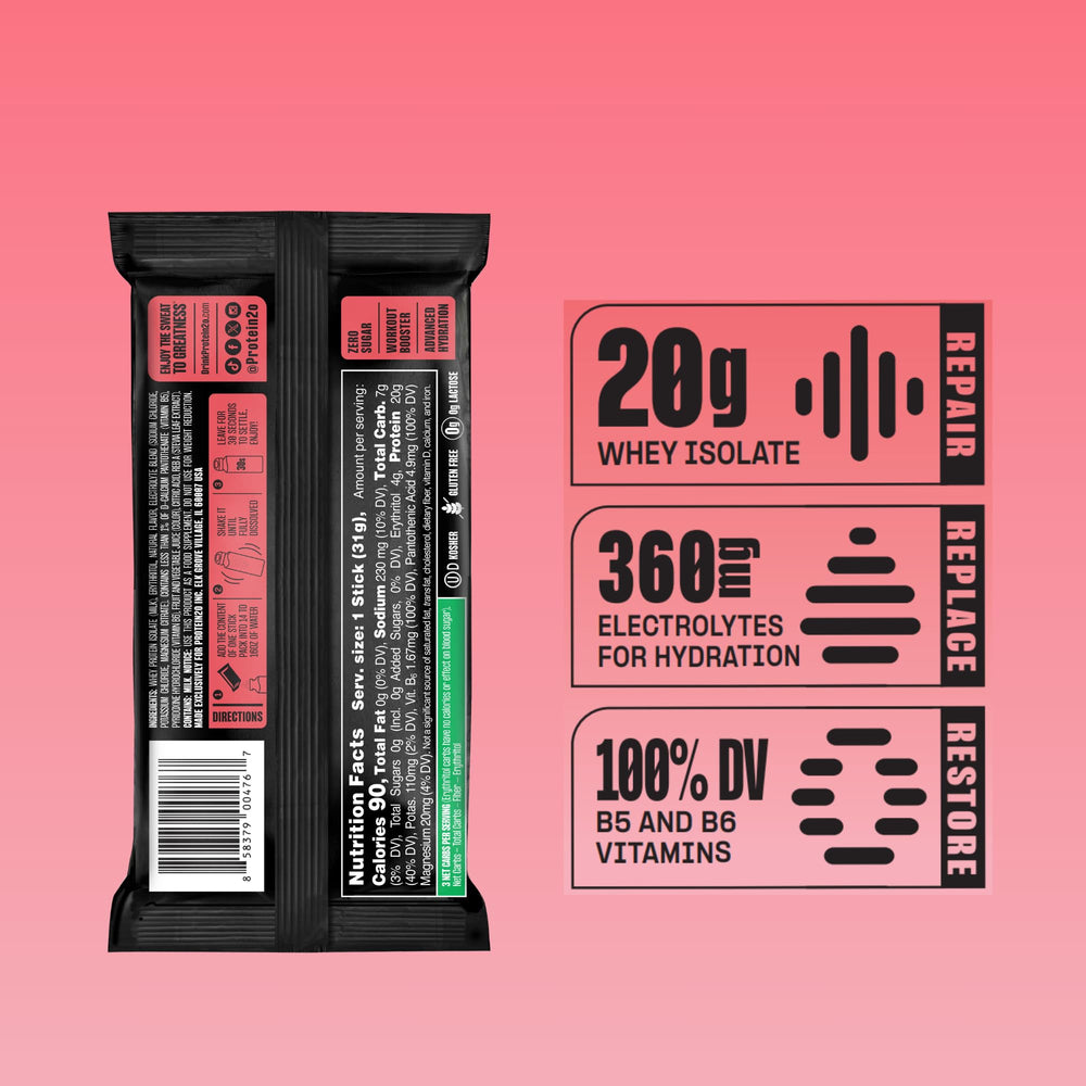 Protein2o sobre abierto con polvo fino listo para mezclar y llevar