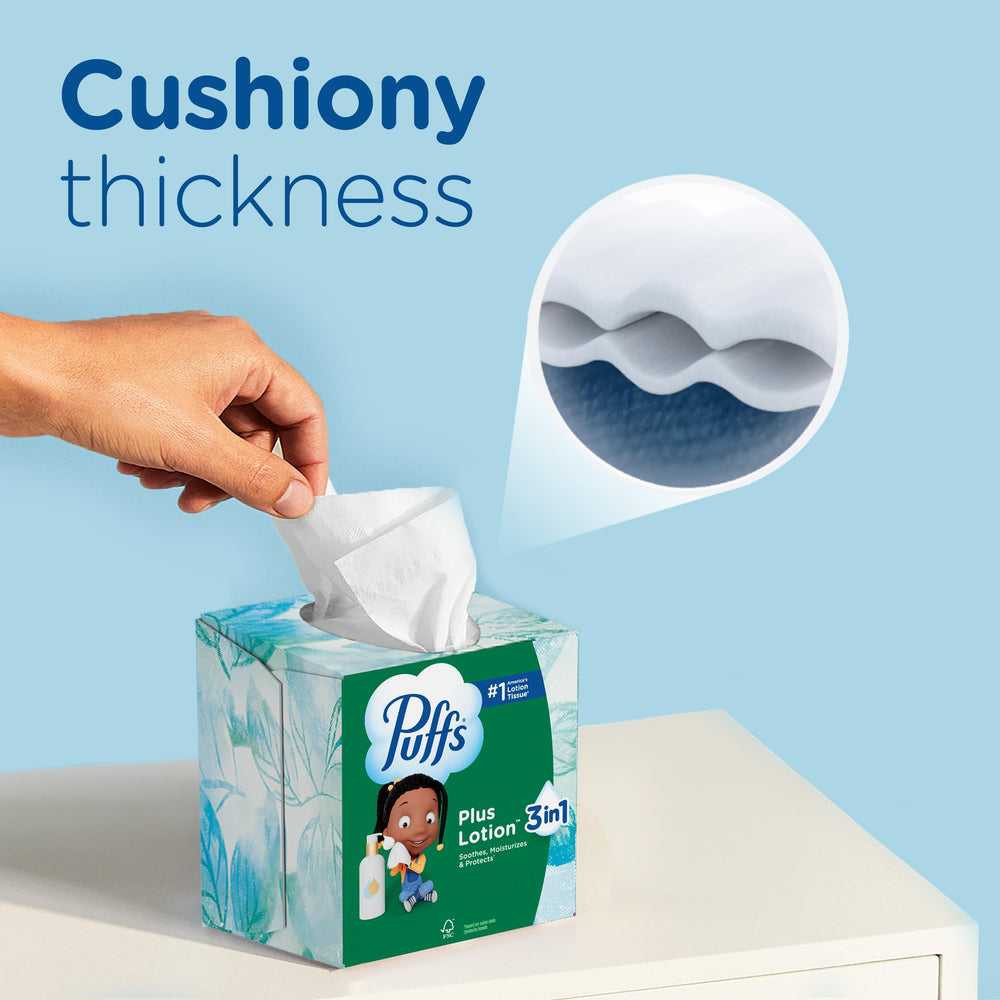 Puffs caja abierta con pañuelos listos para usar y formato cubo práctico