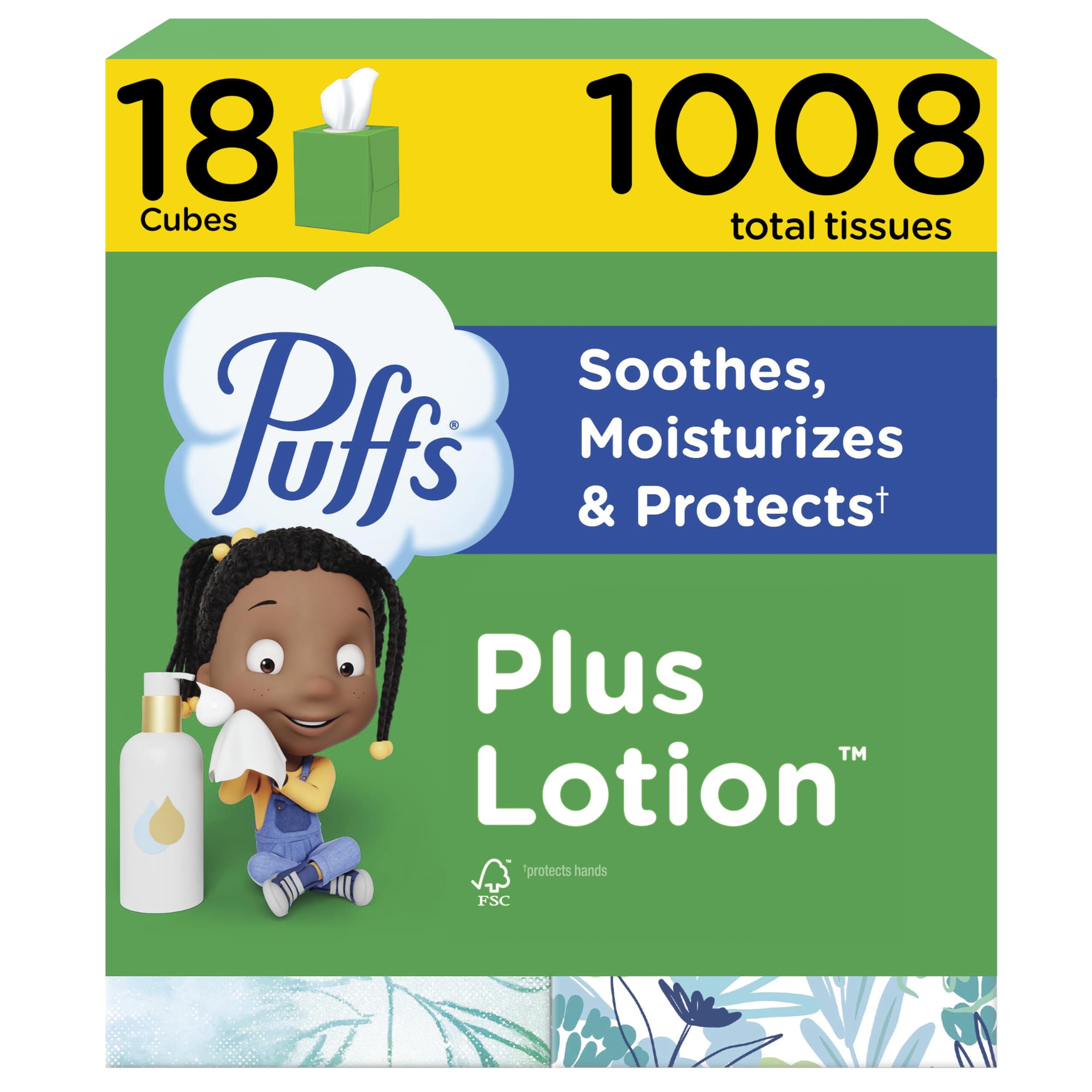 Puffs caja frontal con diseño y 56 pañuelos visibles para fácil acceso