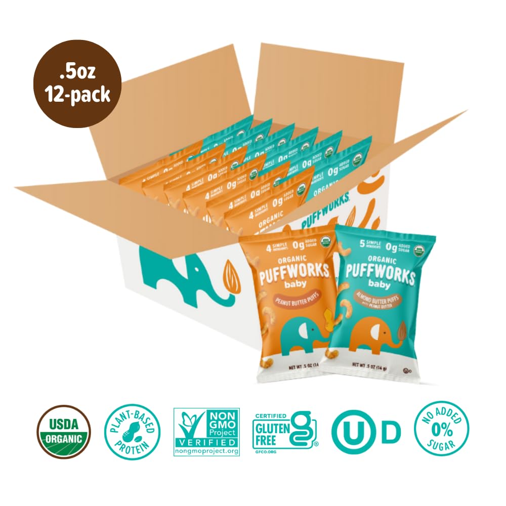 Puffworks bolsa de cacahuate abierta con puffs mostrando ingredientes simples