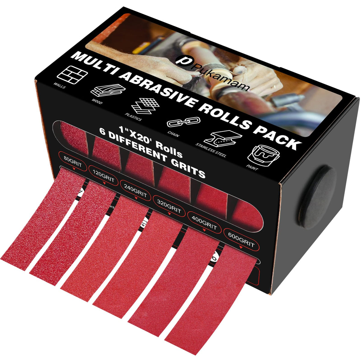 Pukamam pack frontal mostrando los seis rollos y la caja dispensadora beneficioso para organización