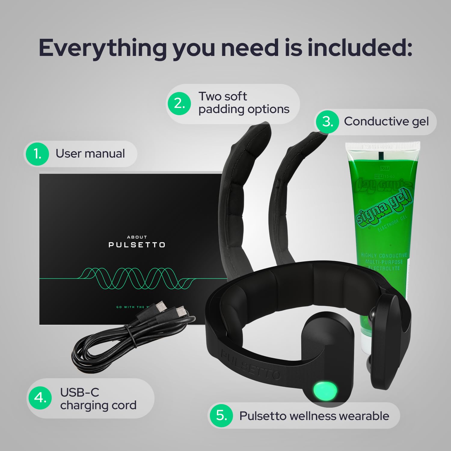 Pulsetto FIT con accesorios sobre mesa destacando componentes incluidos