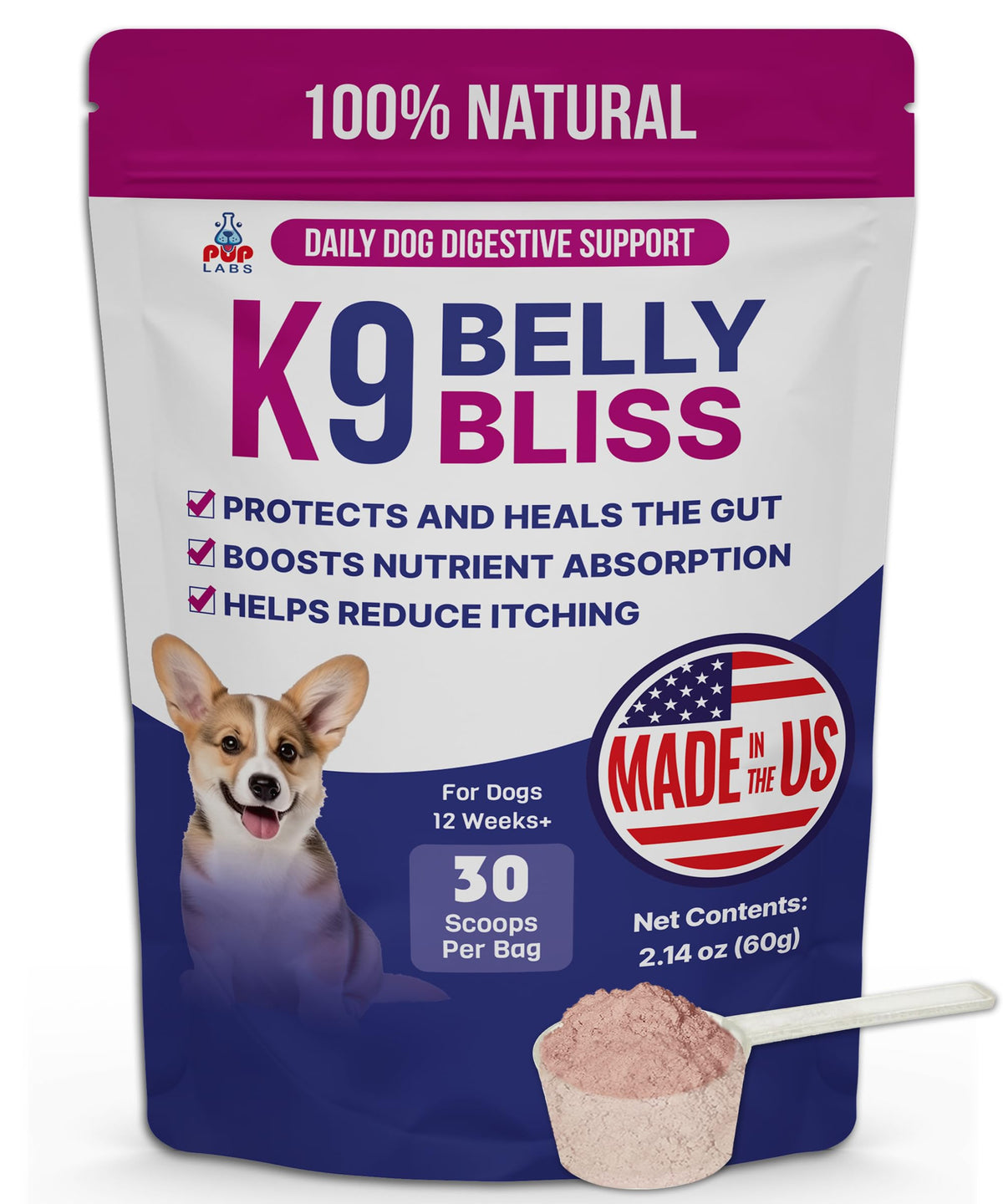 Pup Labs envase frontal mostrando el producto y beneficio digestivo