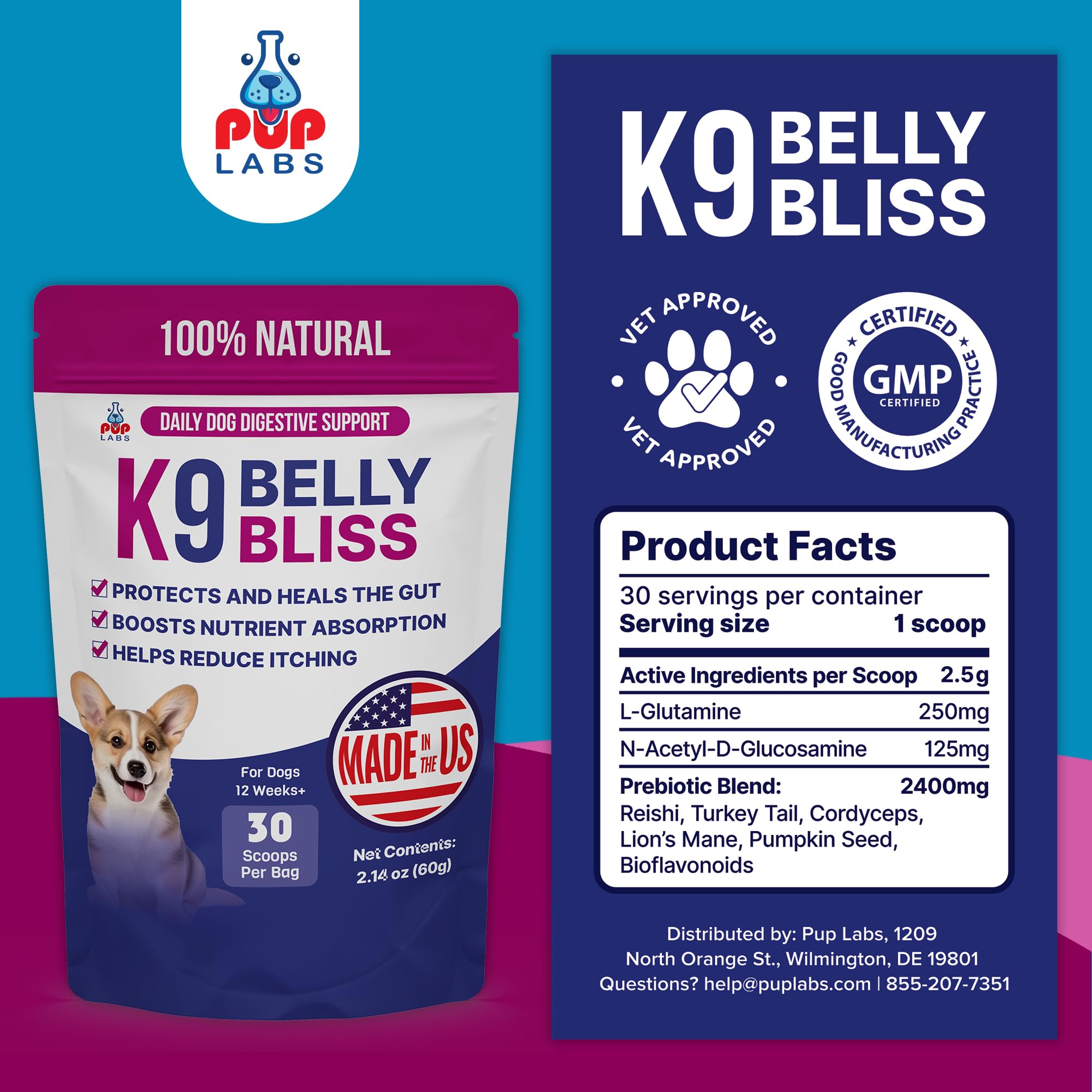 Pup Labs etiqueta con ingredientes clave y respaldo veterinario
