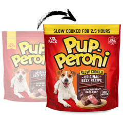 Pup-Peroni primer plano de textura blanda y aspecto jugoso