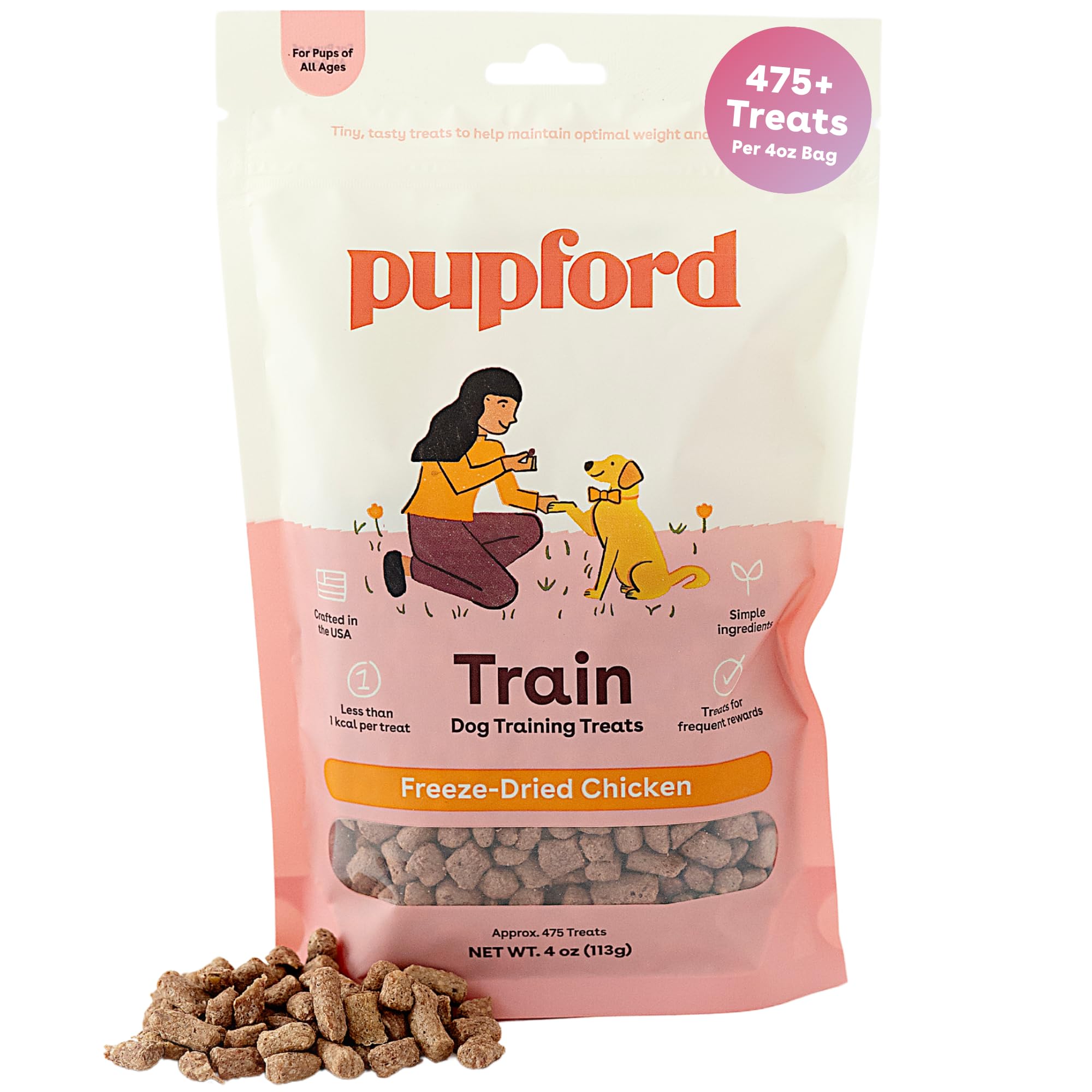 Pupford envase frontal de Freeze Dried Training Treats pollo, muestra práctico y sellado