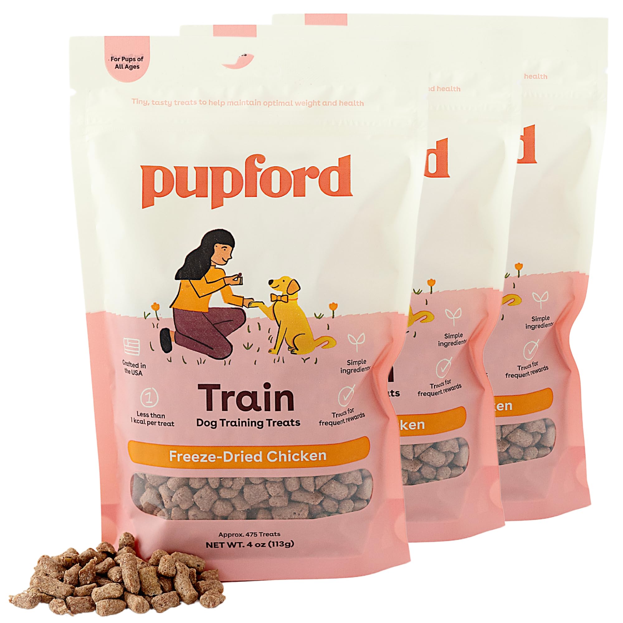 Pupford envase frontal de pollo mostrando tamaño y diseño práctico