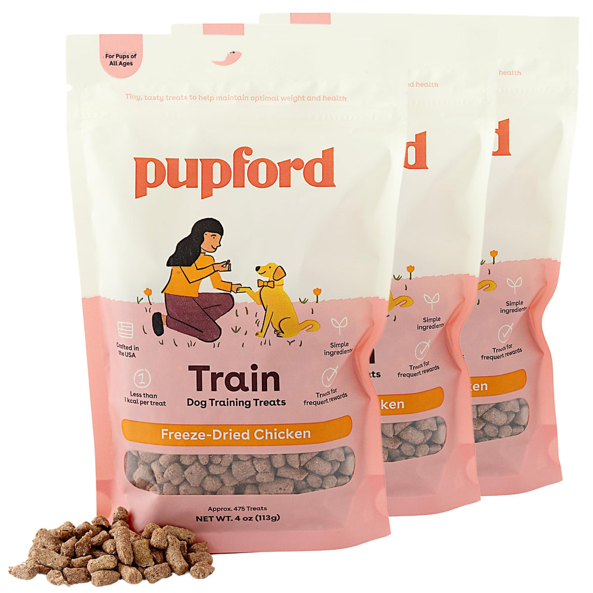Pupford envase frontal de pollo mostrando tamaño y diseño práctico