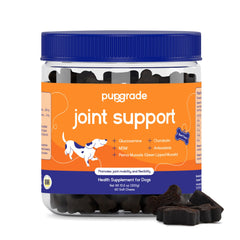 PupGrade frasco frontal del producto mostrando 60 masticables para movilidad