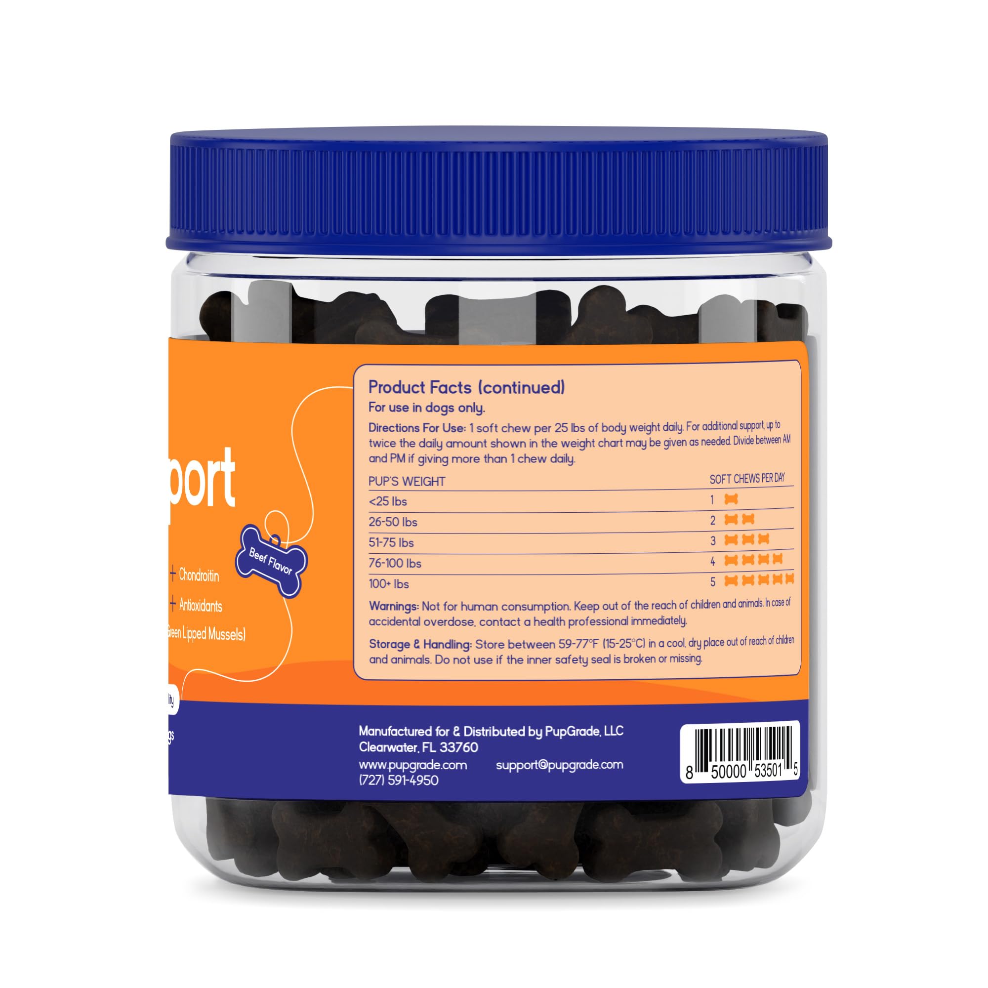 PupGrade perro aceptando masticable sabor res, promueve continuidad diaria