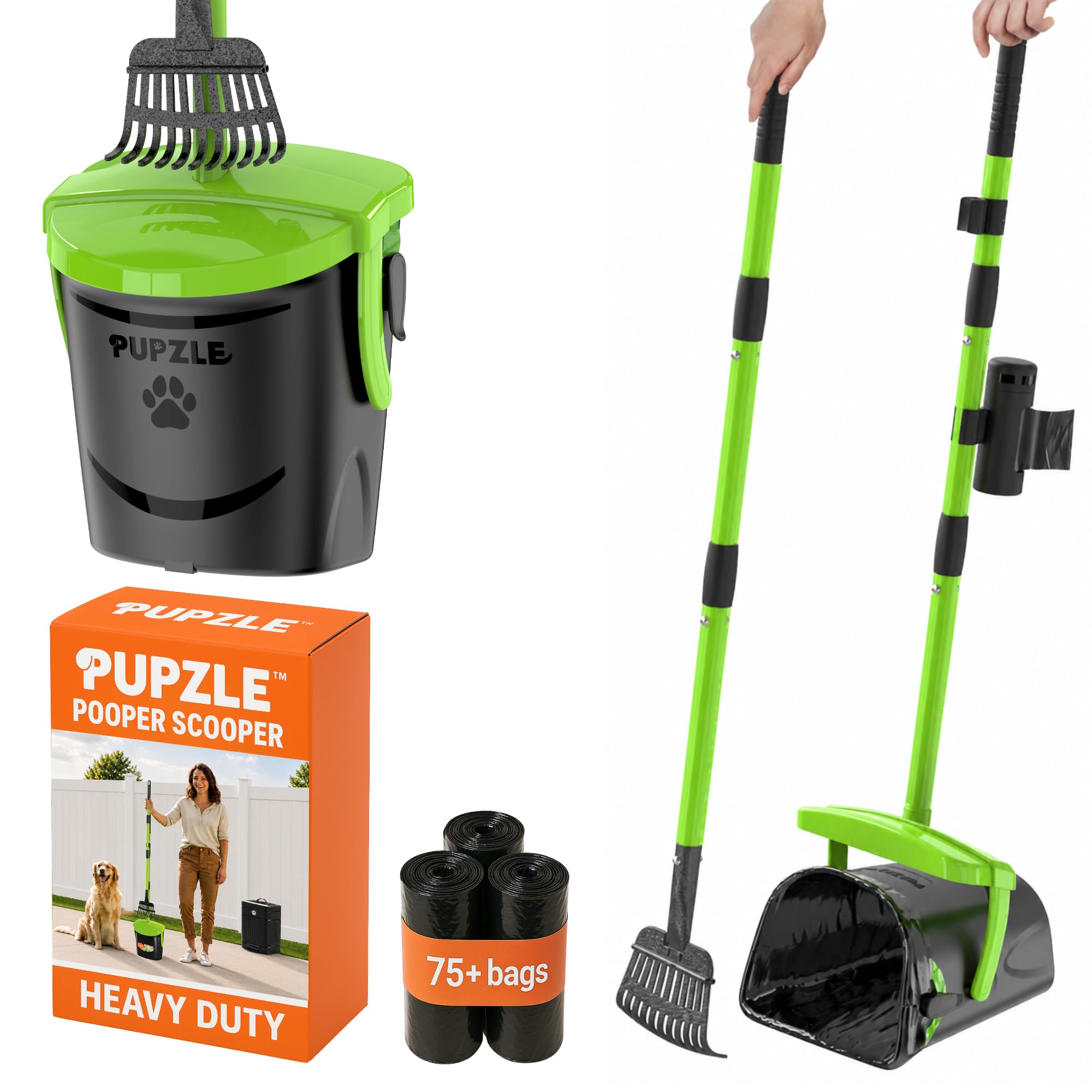 Pupzle vista frontal del recogedor mostrando diseño y función ergonómica