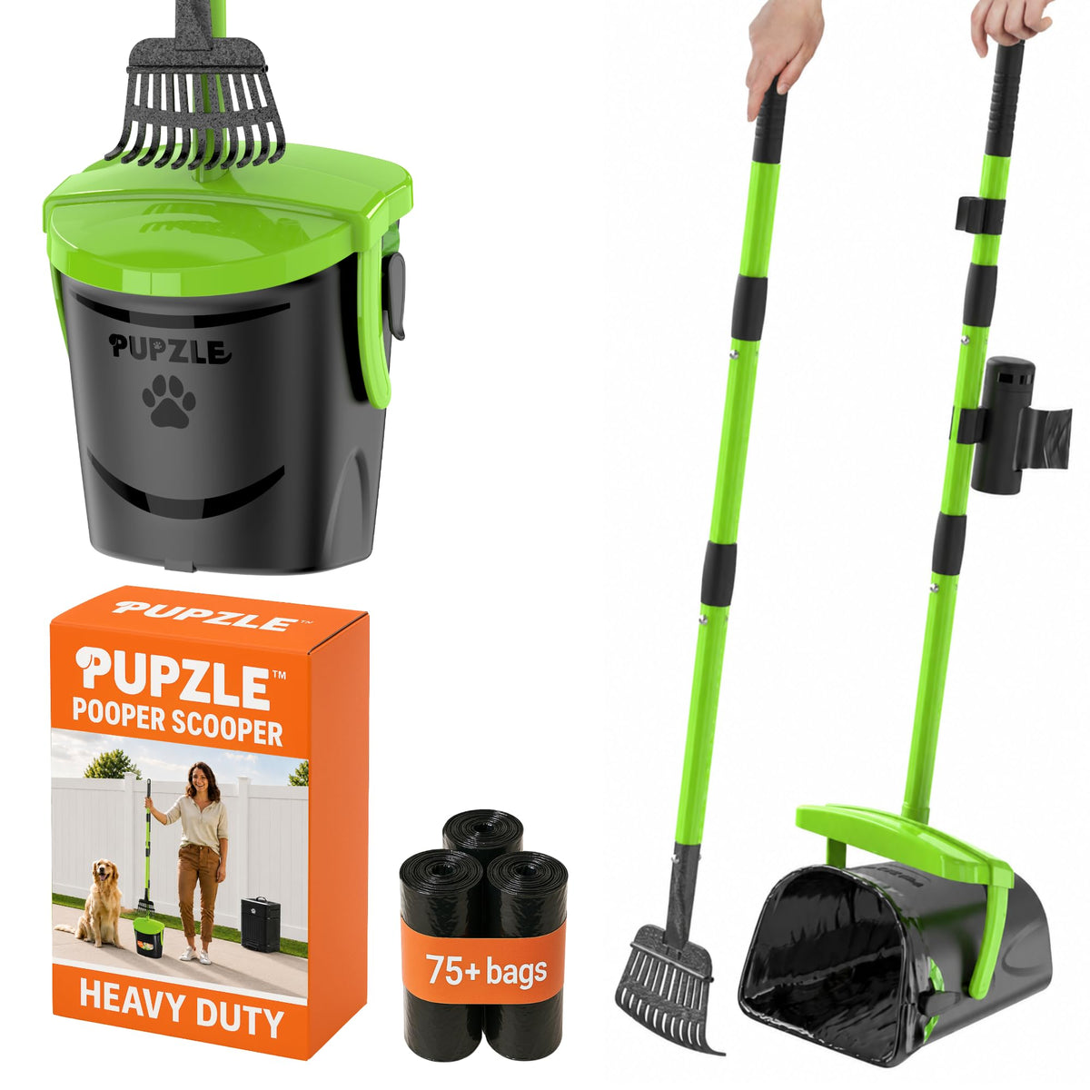 Pupzle vista frontal del recogedor mostrando diseño y función ergonómica