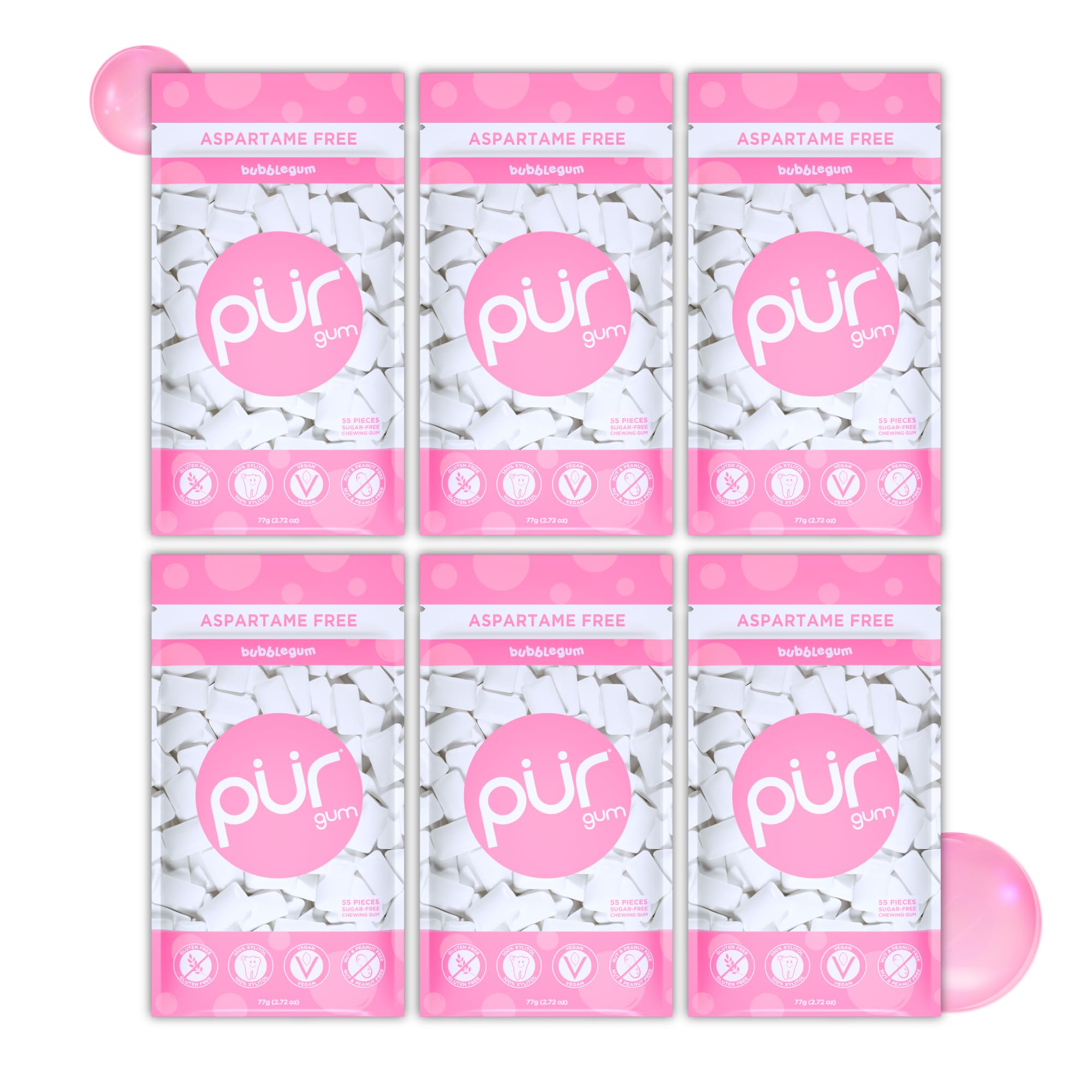 PUR Gum front packaging showing bubblegum flavor and 6x55 count, convenient bulk supply