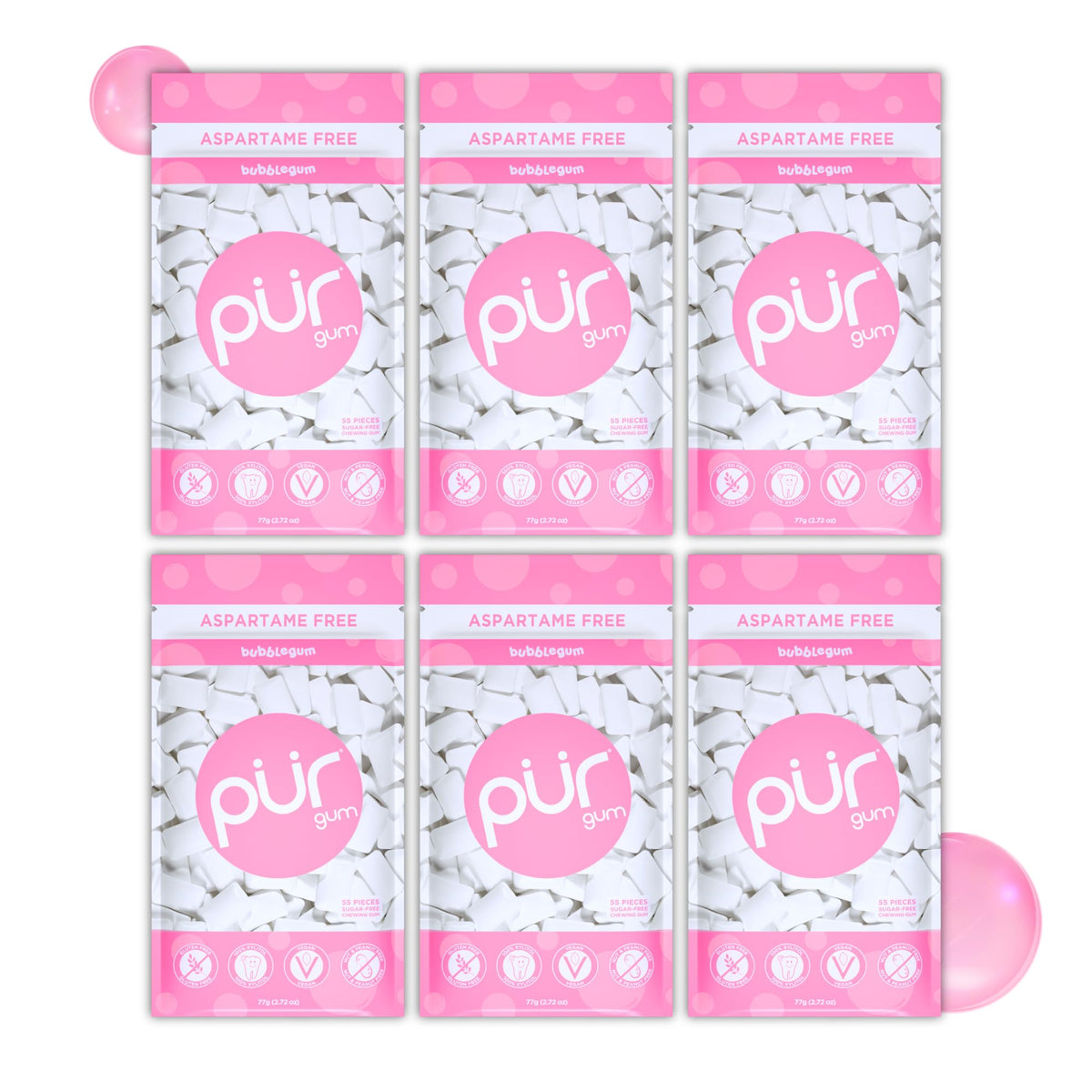 PUR Gum front packaging showing bubblegum flavor and 6x55 count, convenient bulk supply
