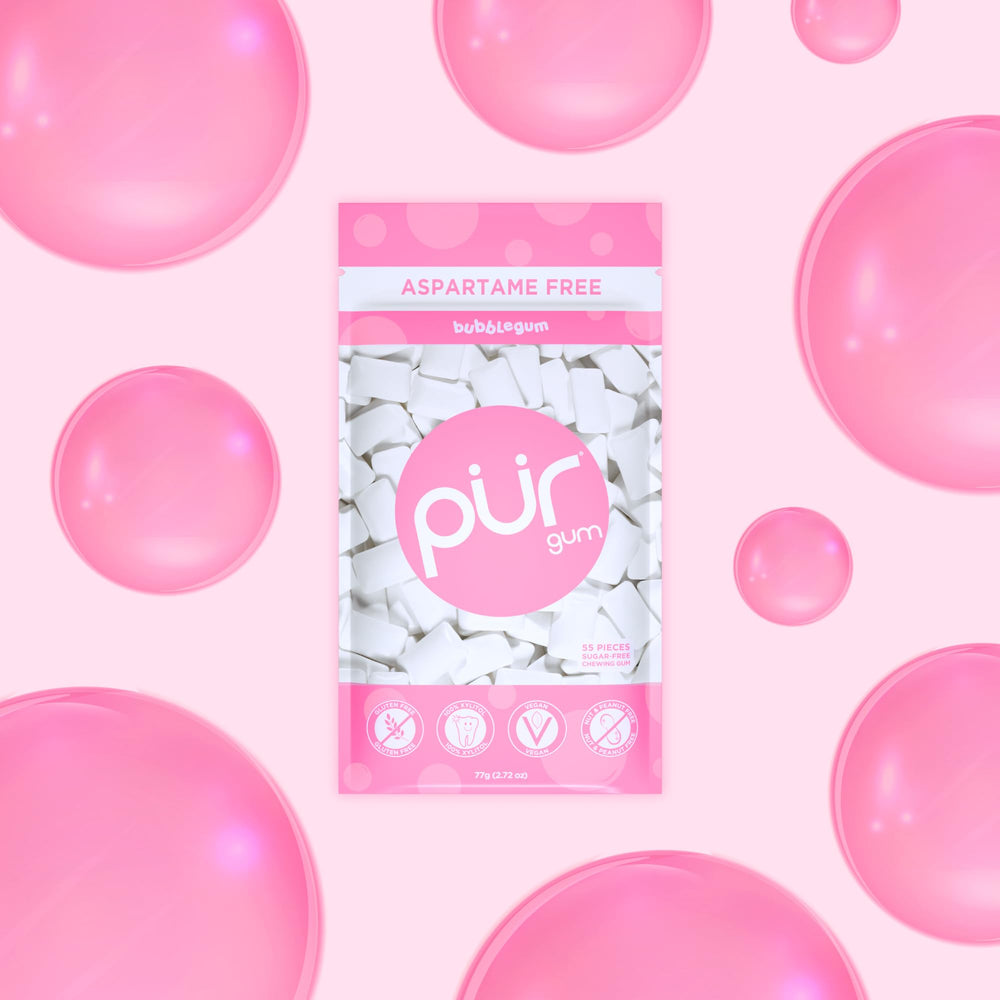 Closeup of PUR Gum bubblegum piece texture, shows soft chew and consistent shape