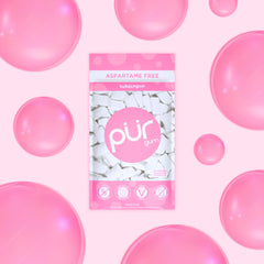 Closeup of PUR Gum bubblegum piece texture, shows soft chew and consistent shape