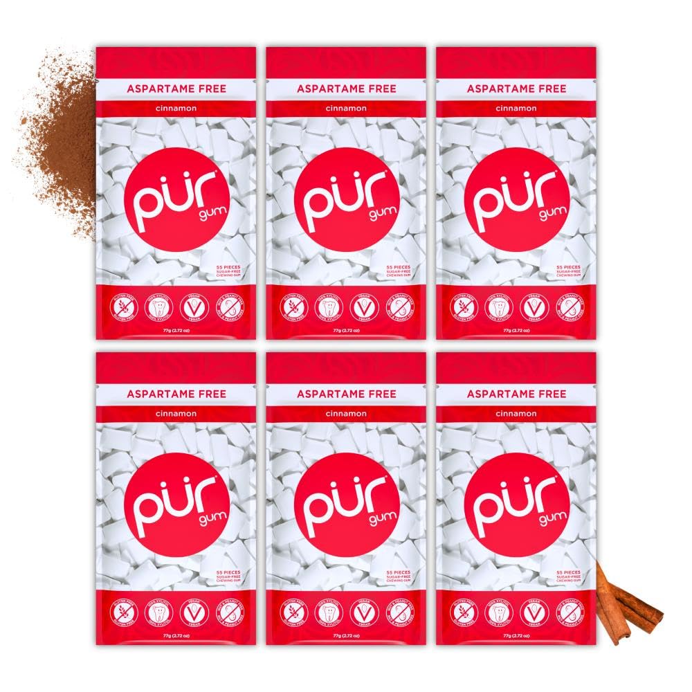 PUR Gum cinnamon front packaging showing 6x55 bags and spicy flavor benefit