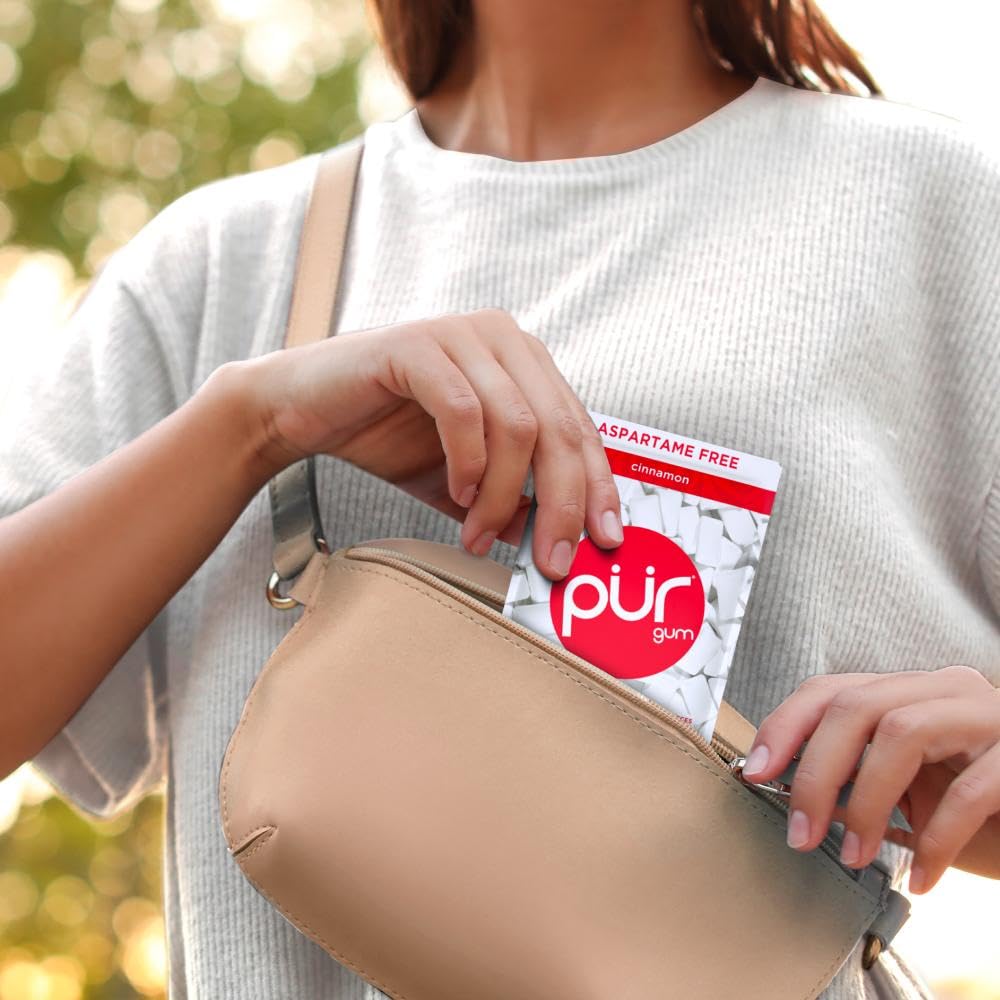 PUR Gum cinnamon resealable bag open showing freshness preservation benefit