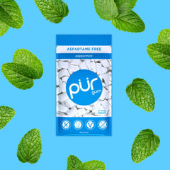 PUR Gum resealable bag open with pieces visible for convenient on-the-go use