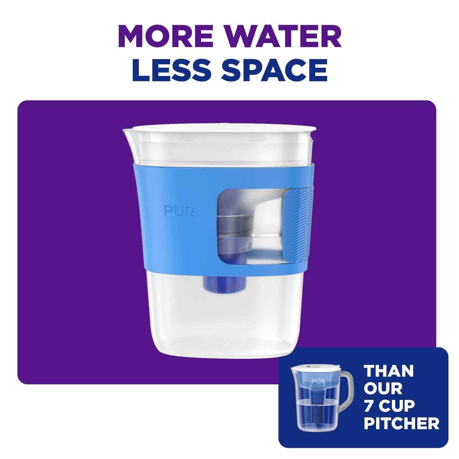 PUR jarra vertiendo agua clara en vaso para beber al instante