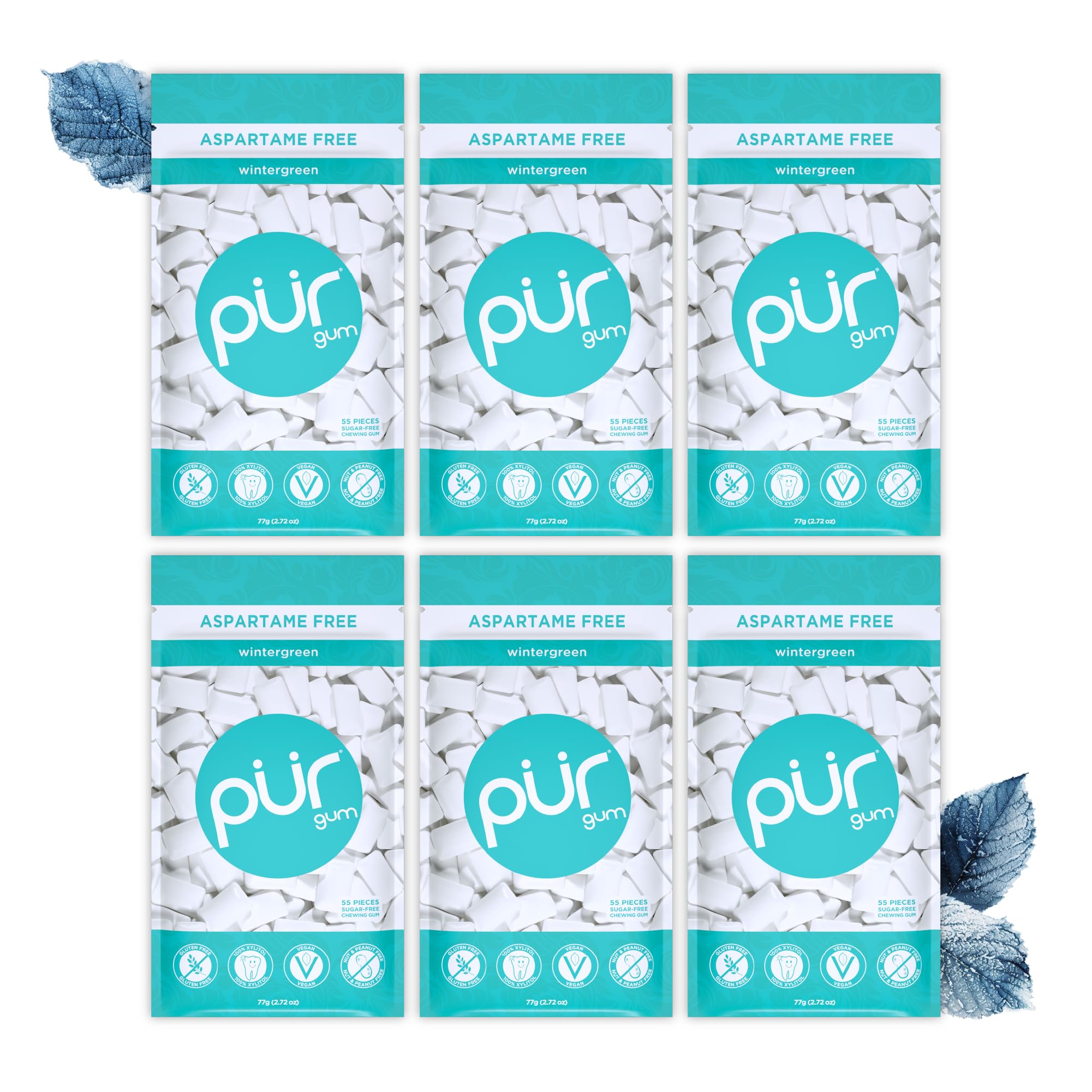 PUR Gum front packaging showing wintergreen bags and fresh mint benefit