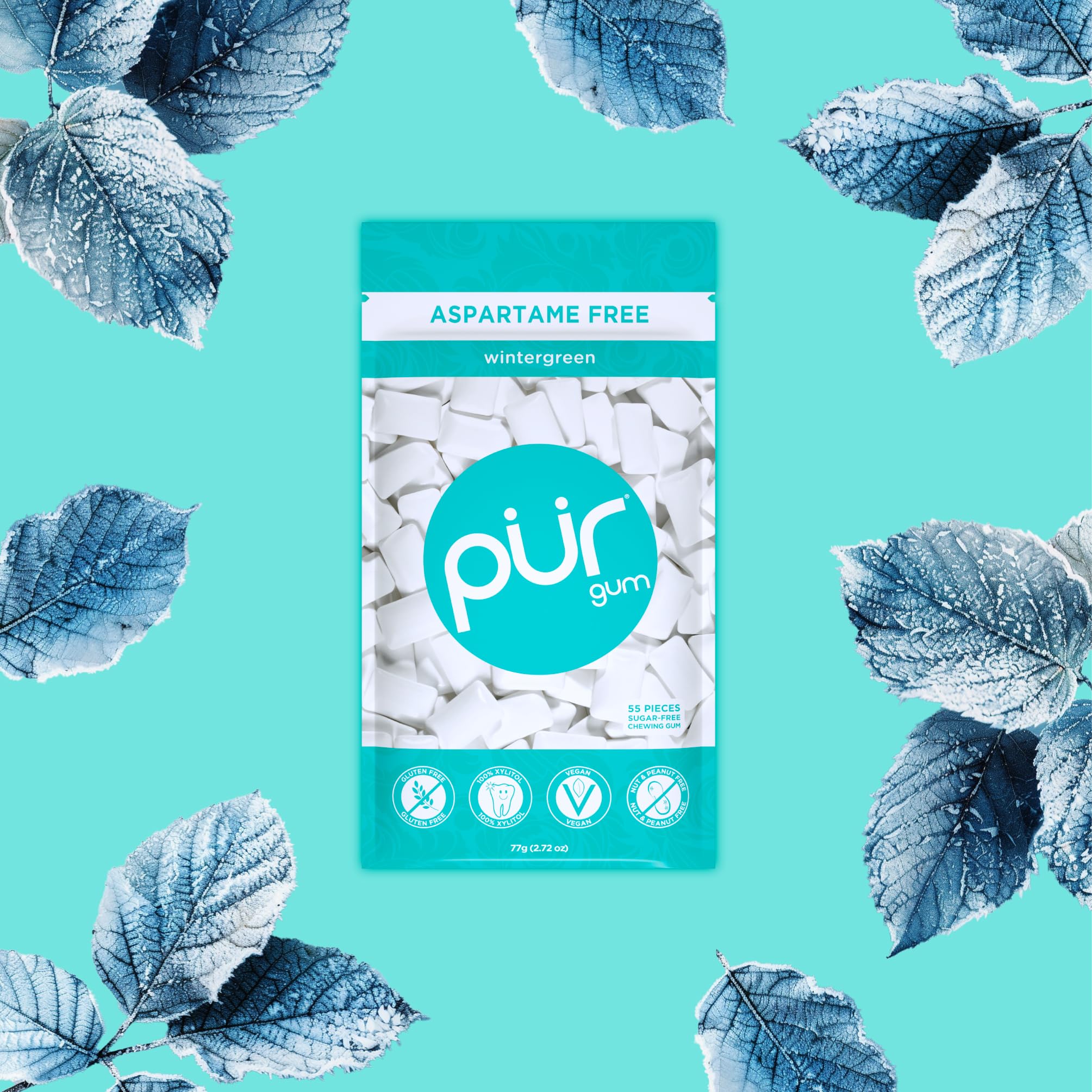 PUR Gum single piece close-up texture and clear wintergreen flavor