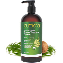 PURA D'OR botella frontal de glicerina mostrando envase claro y seguro