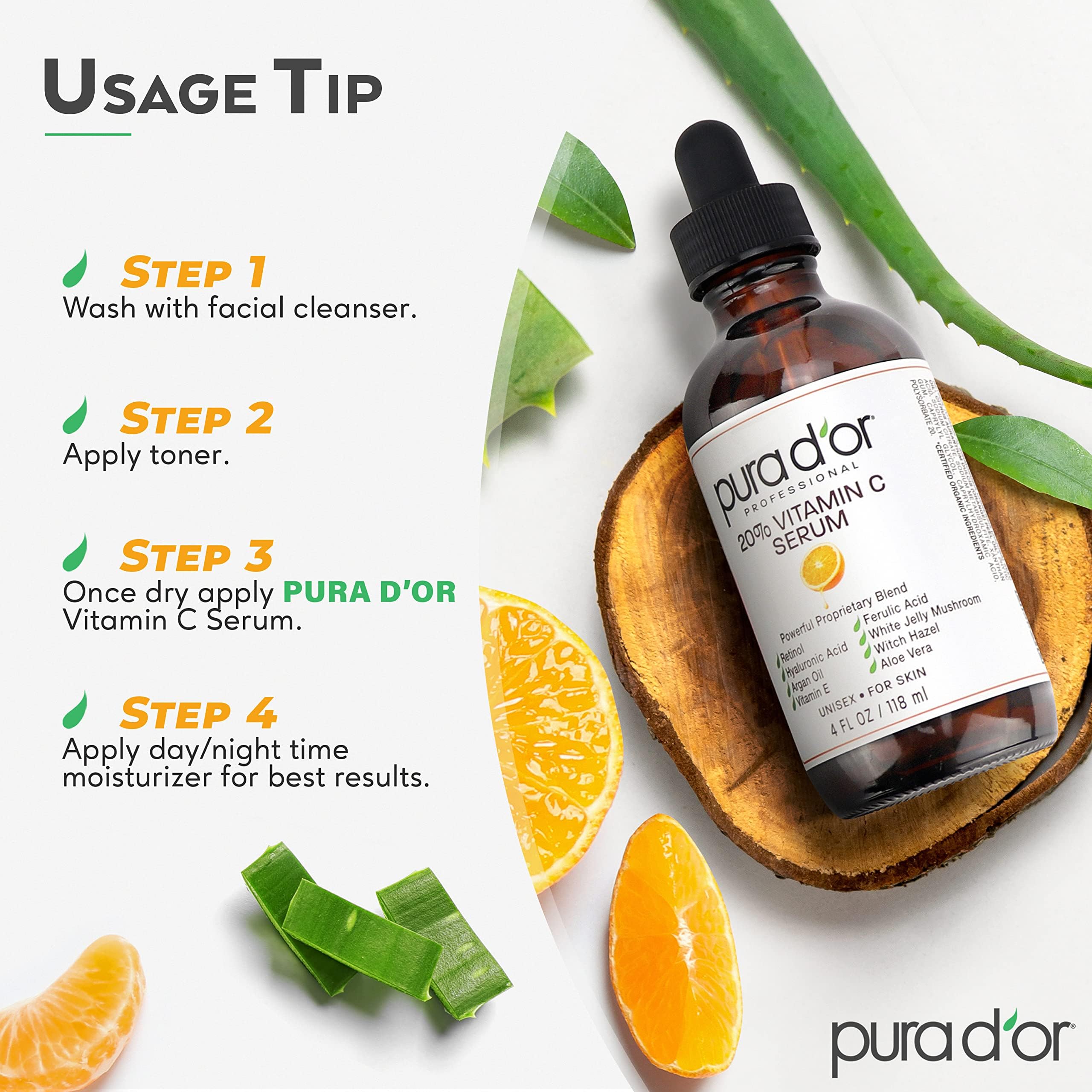 PURA D'OR ingredientes clave: vitamina C, ácido hialurónico visibles