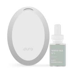 Pura difusor mini blanco vista frontal muestra diseño compacto y elegante